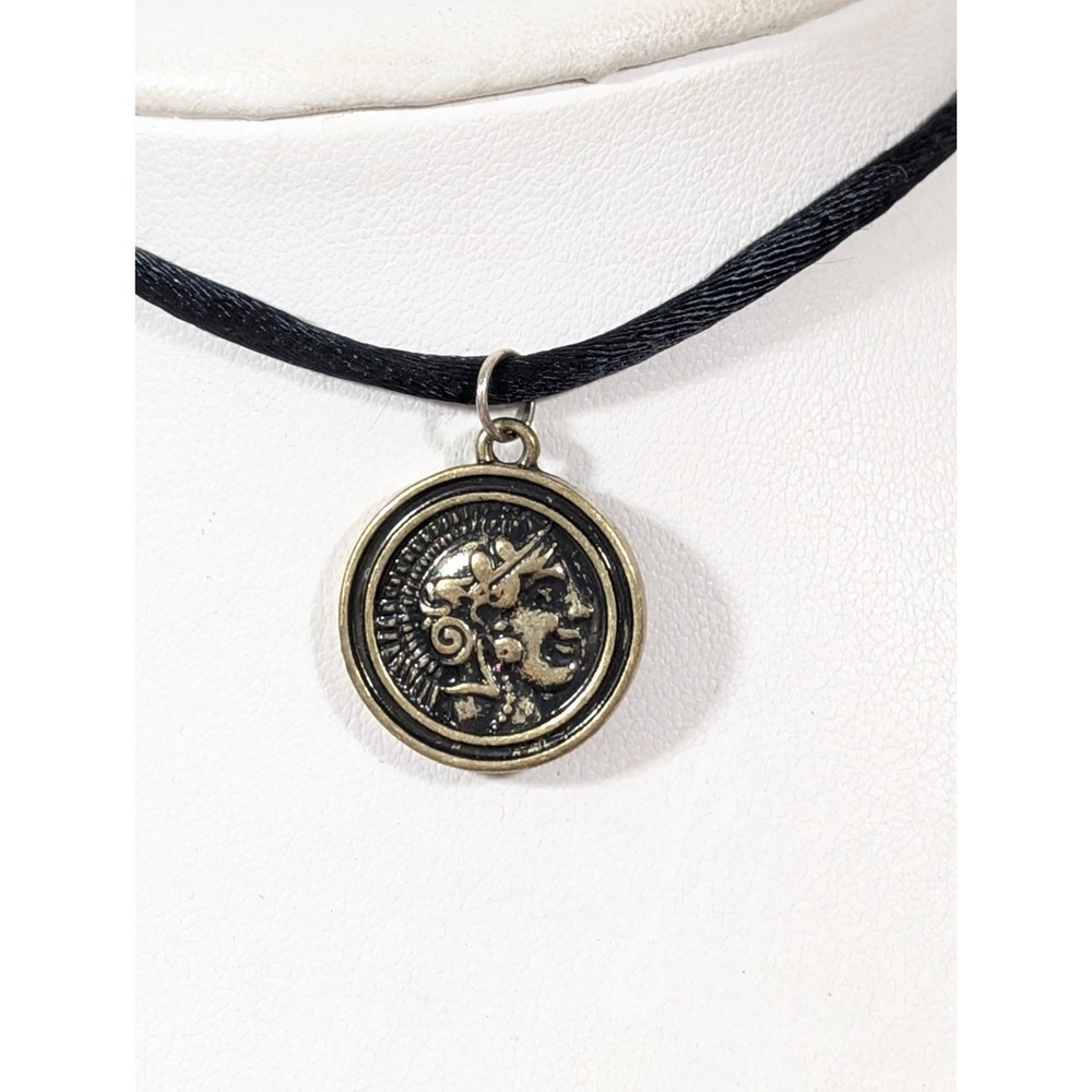 Vintage Retro‎ Bronze Tone Faux Coin Charm Black Cord Choker necklace 12"